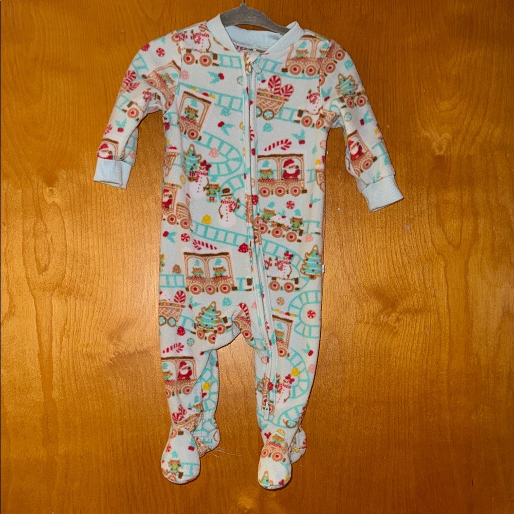 Baby Holiday Train Fleece One-Piece Footed Pajamas -White/Turquoise. Size 3-6 mo